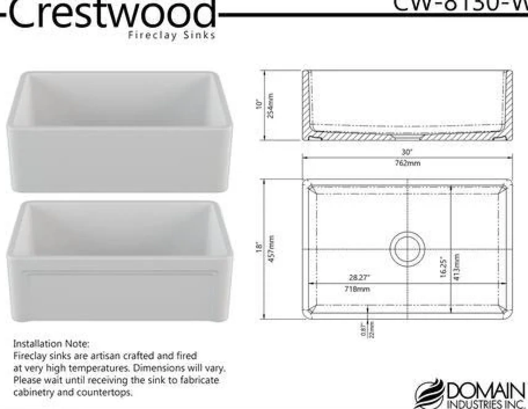 Crestwood 30" White Fireclay Farmhouse Sink, Casement/Smooth Front, CW-8130-W
