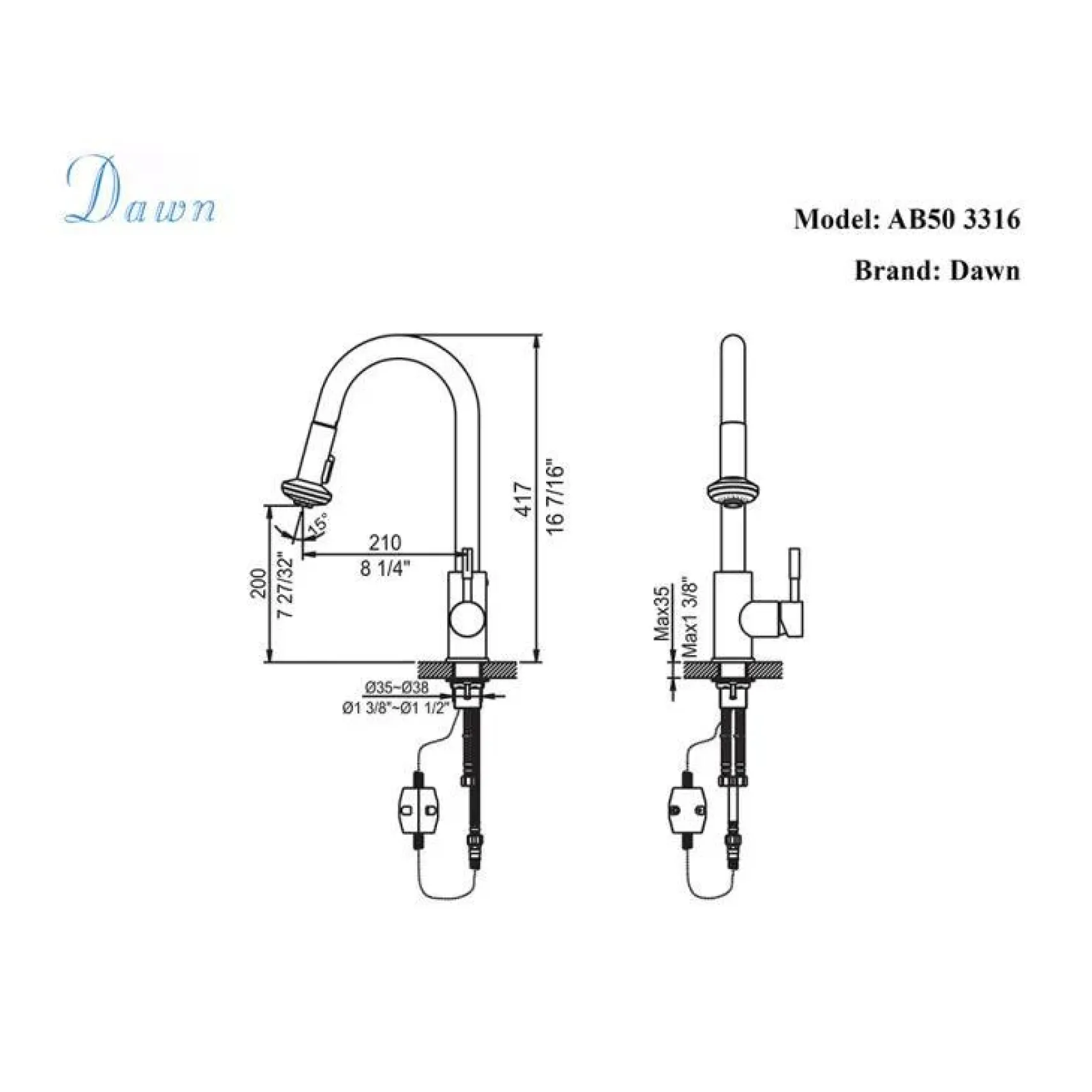 Dawn 16" 1.8 GPM Pull Down Kitchen Faucet, Chrome, AB50 3316C