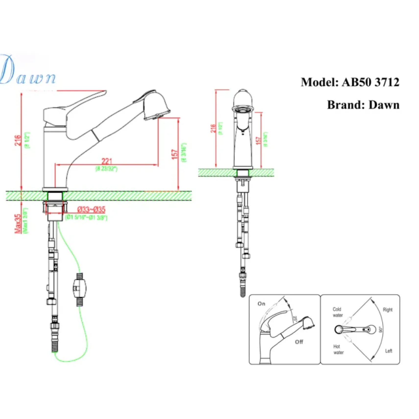 Dawn 9" 1.8 GPM Pull Out Kitchen Faucet, Brushed Nickel, AB50 3712BN