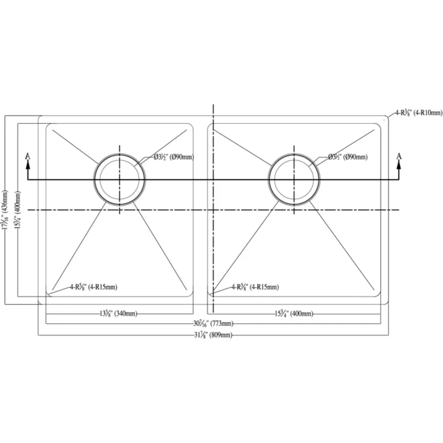 Dawn 32" Stainless Steel Undermount 45/55 Double Bowl Kitchen Sink, SRU301616L