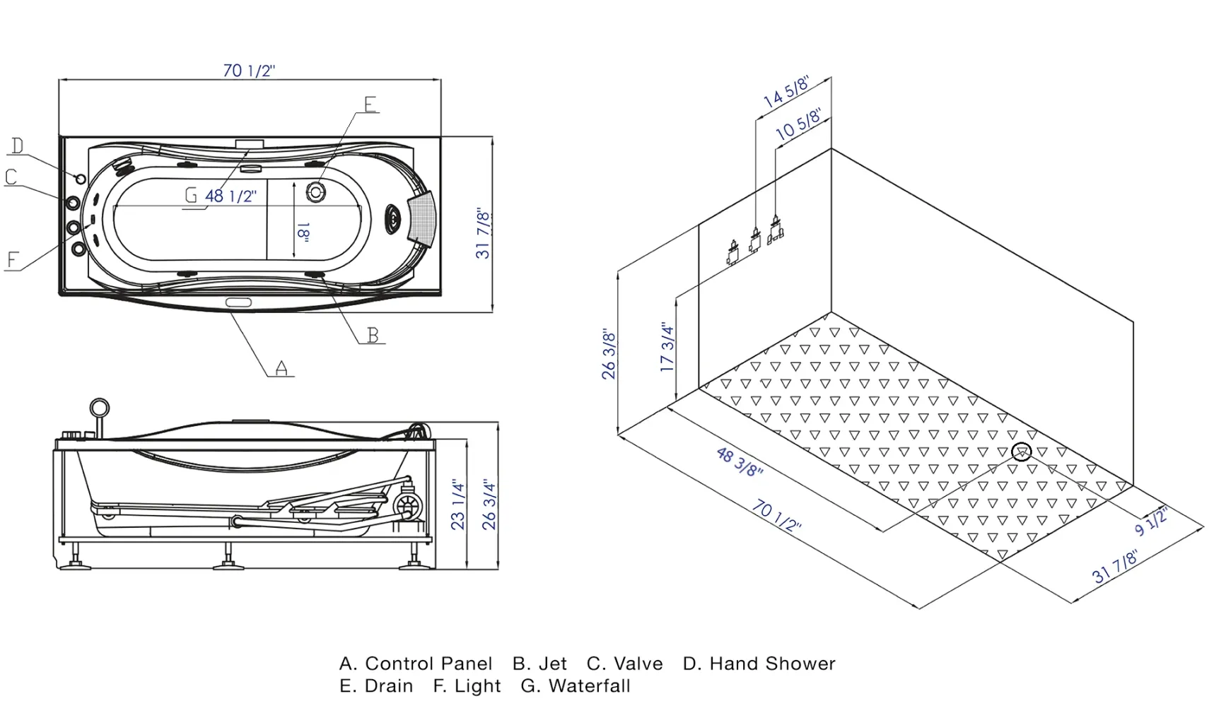 Eago 71" Acrylic Corner Rectangle Bathtub with Fixtures, White, AM189ETL-L