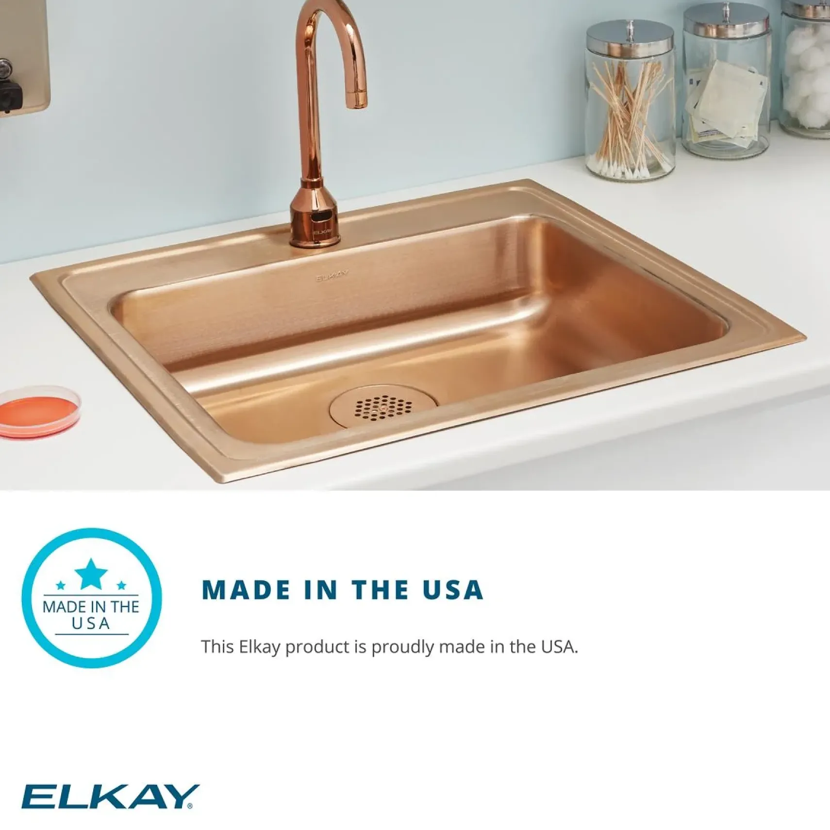 Elkay 17" Drop In/Topmount CuVerro Antimicrobial Copper Kitchen Sink, Lustrous Satin, 1 Faucet Hole, LR17221-CU