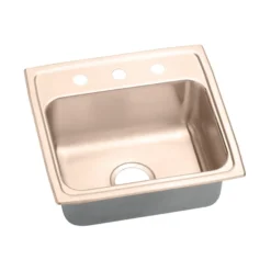 Elkay 20" Drop In/Topmount CuVerro Antimicrobial Copper Kitchen Sink, Lustrous Satin, 3 Faucet Holes, LR19193-CU