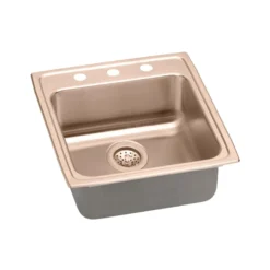 Elkay 20" Drop In/Topmount CuVerro Antimicrobial Copper ADA Kitchen Sink, Lustrous Satin, 3 Faucet Holes, LRAD2022653-CU