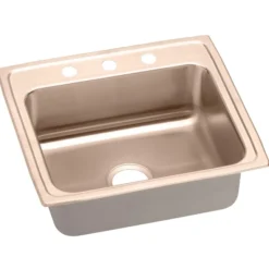Elkay 22" Drop In/Topmount CuVerro Antimicrobial Copper Kitchen Sink, Lustrous Satin, 1 Faucet Hole, LR22191-CU