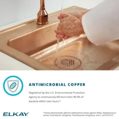 Elkay 20" Drop In/Topmount CuVerro Antimicrobial Copper ADA Kitchen Sink, Lustrous Satin, 2 Faucet Holes, LRAD1919652-CU