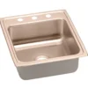 Elkay 20" Drop In/Topmount CuVerro Antimicrobial Copper Kitchen Sink, Lustrous Satin, 3 Faucet Holes, DLR2022103-CU