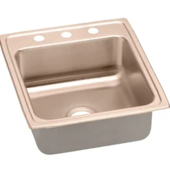 Elkay 20" Drop In/Topmount CuVerro Antimicrobial Copper Kitchen Sink, Lustrous Satin, 3 Faucet Holes, DLR2022103-CU