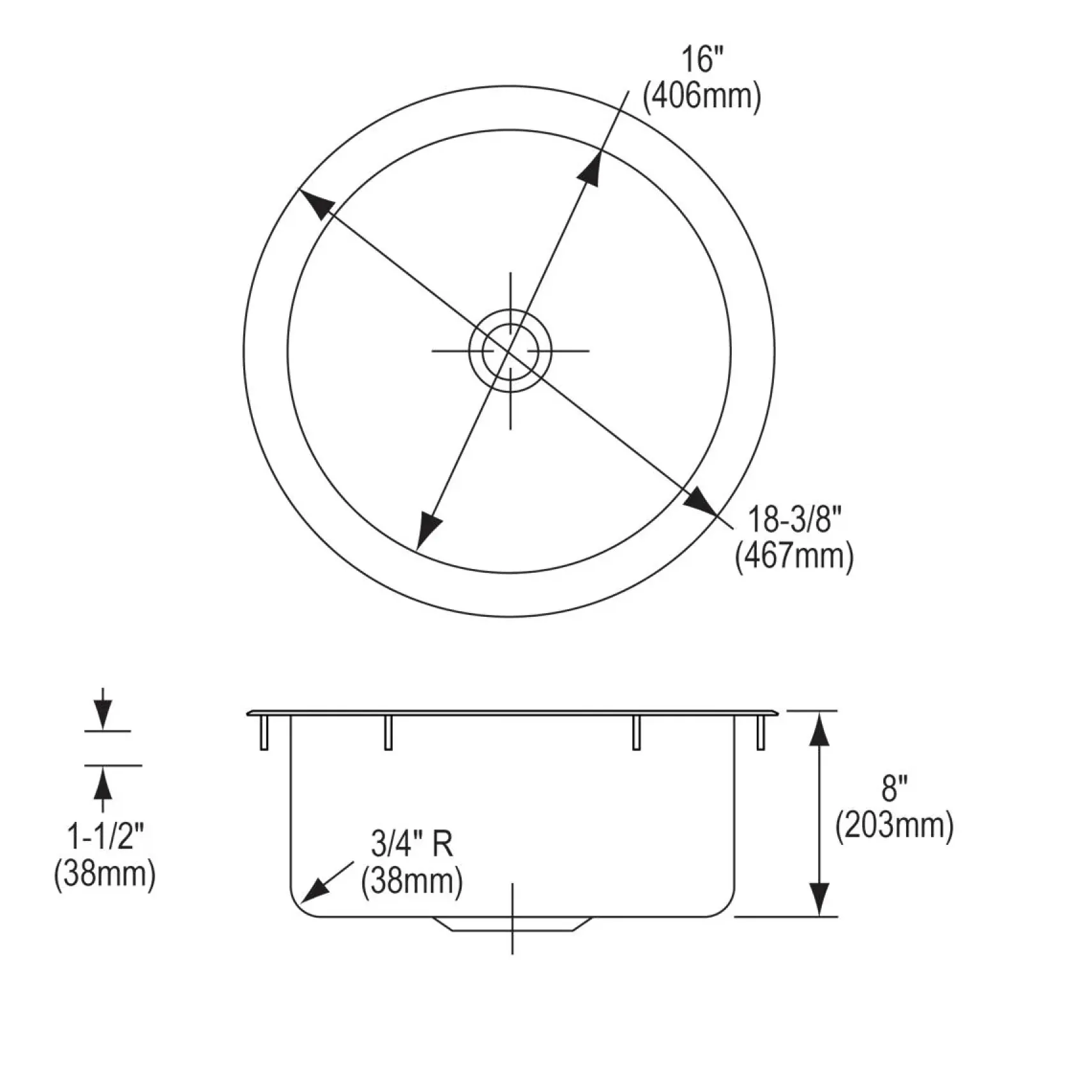 Elkay Asana 18" Round Stainless Steel Bar/Prep Sink, Lustrous Satin, 18 Gauge, RLR16FB