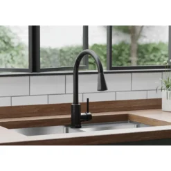 Elkay Avado Forward Only Lever Handle Pull-down Spray Spout Brass ADA Kitchen Faucet, Black Stainless, LKAV3031BK