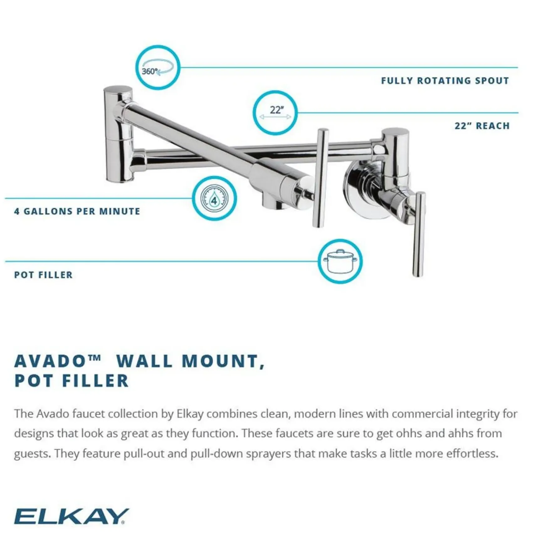 Elkay Avado Lever Handle Pot Filler Spout Brass ADA Kitchen Faucet, Matte Black, LKAV4091MB