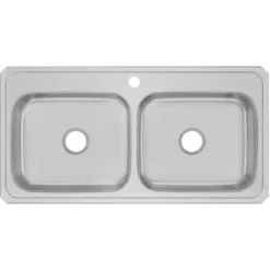 Elkay Celebrity 43" Drop In/Topmount Stainless Steel Kitchen Sink, 50/50 Double Bowl, Brushed Satin, 1 Faucet Hole, CR43221
