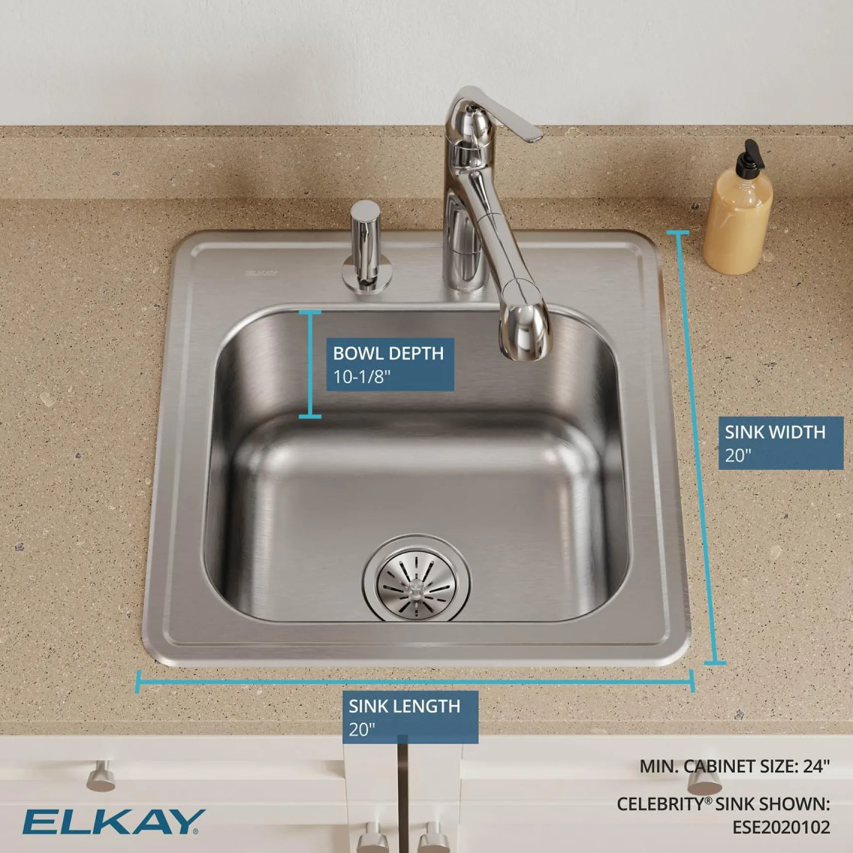 Elkay Celebrity 20" Drop In/Topmount Stainless Steel Laundry/Utility Sink, Brushed Satin, 2 Faucet Holes, ESE2020102
