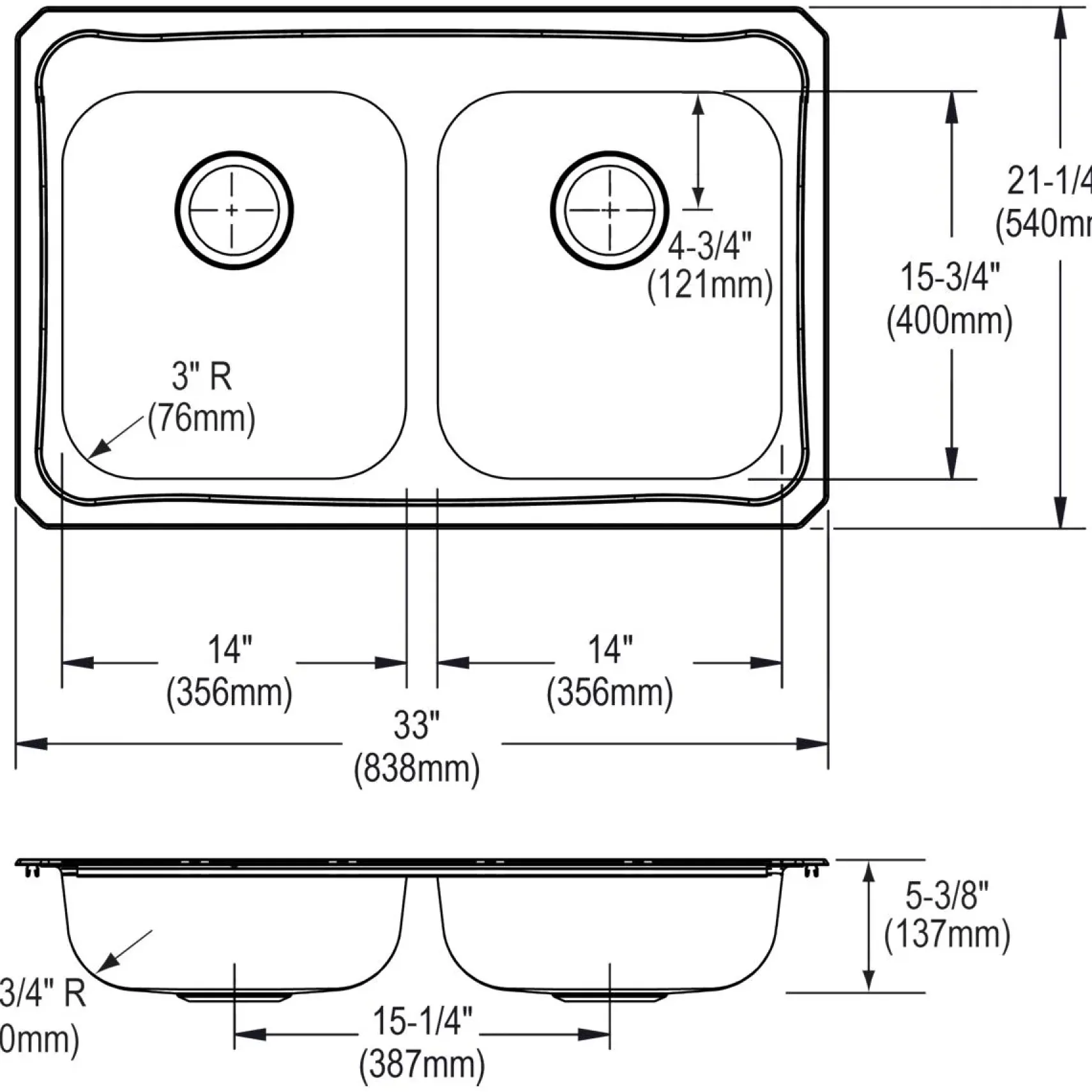 Elkay Celebrity 33" Stainless Steel Kitchen Sink, 50/50 Double Bowl, Brushed Satin, 3 Faucet Hole, GECR33213