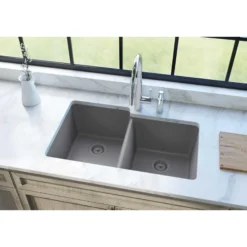 Elkay Classic 33" Quartz Kitchen Sink, 50/50 Double Bowl, Greystone, ELGU250RGS0