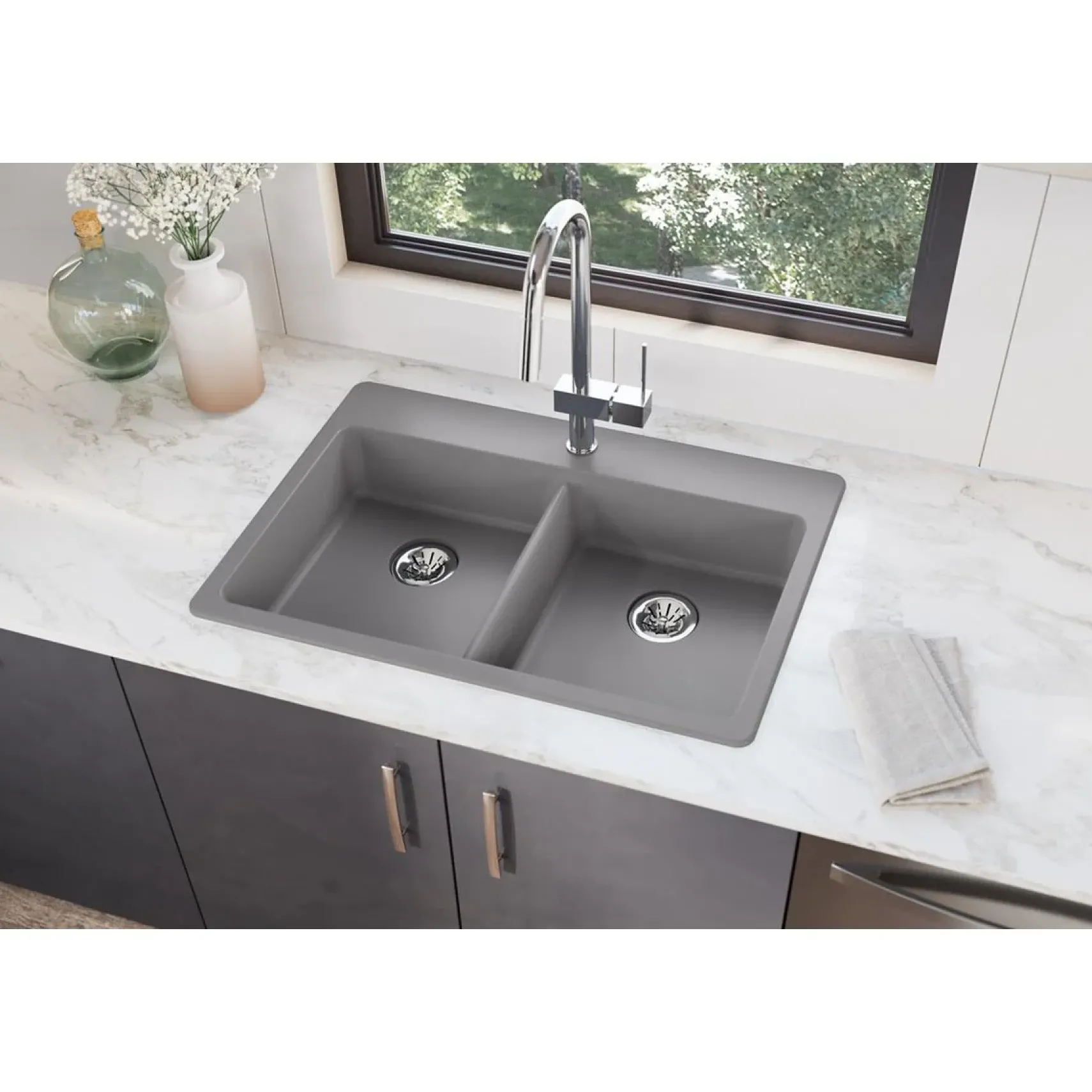 Elkay Classic 33" Quartz Kitchen Sink, 50/50 Double Bowl, Greystone, Pre-scored for up to 5 Faucet Hole, ELGAD3322PDGS0