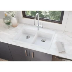 Elkay Classic 33" Quartz Kitchen Sink, 50/50 Double Bowl, White, Pre-scored for up to 5 Faucet Hole, ELGAD3322PDWH0