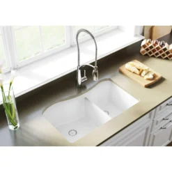 Elkay Classic 33" Quartz Kitchen Sink, 60/40 Double Bowl, White, ELGHU3220RWH0