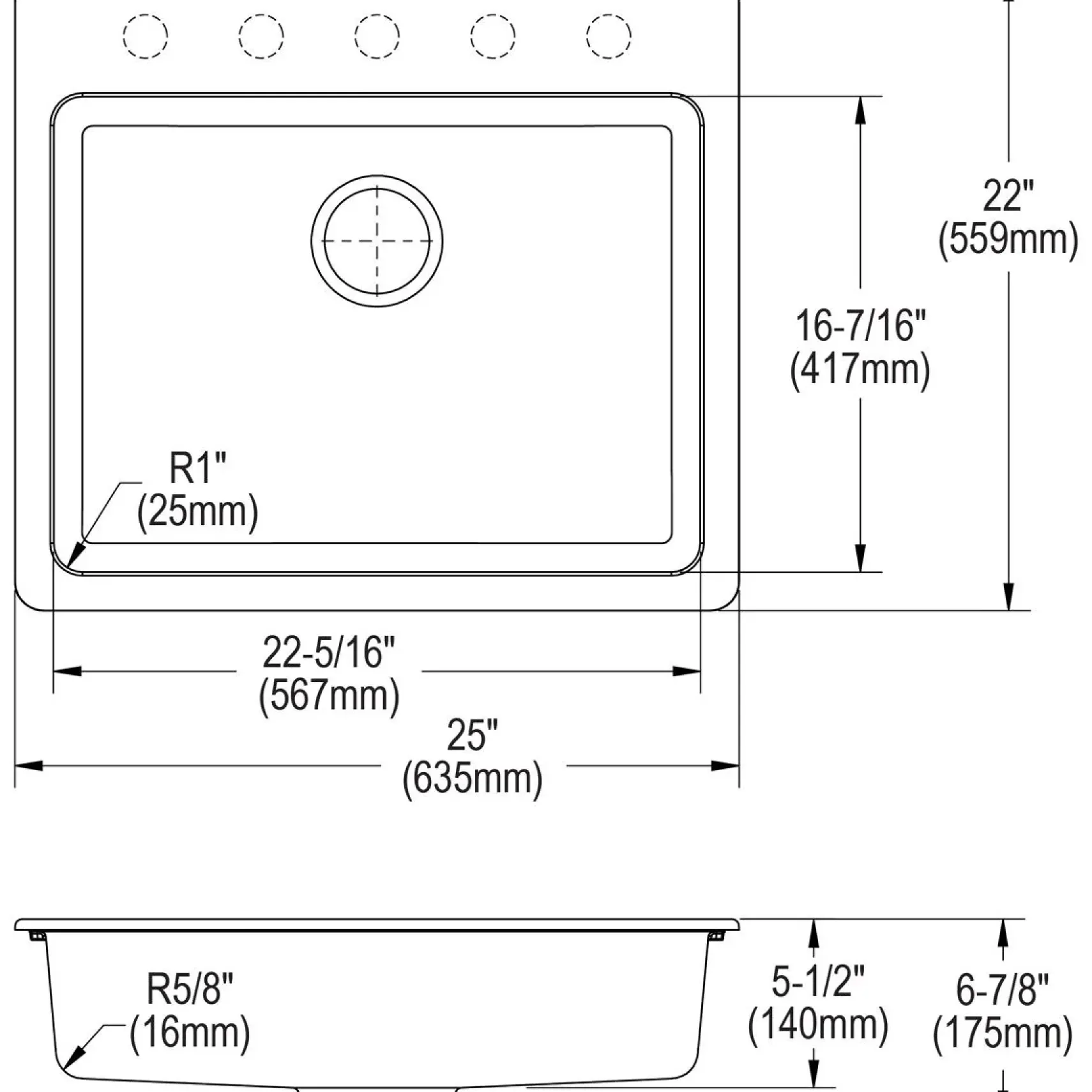 Elkay Classic 25" Quartz Kitchen Sink, White, Pre-scored for up to 5 Faucet Hole, ELGAD2522PDWH0