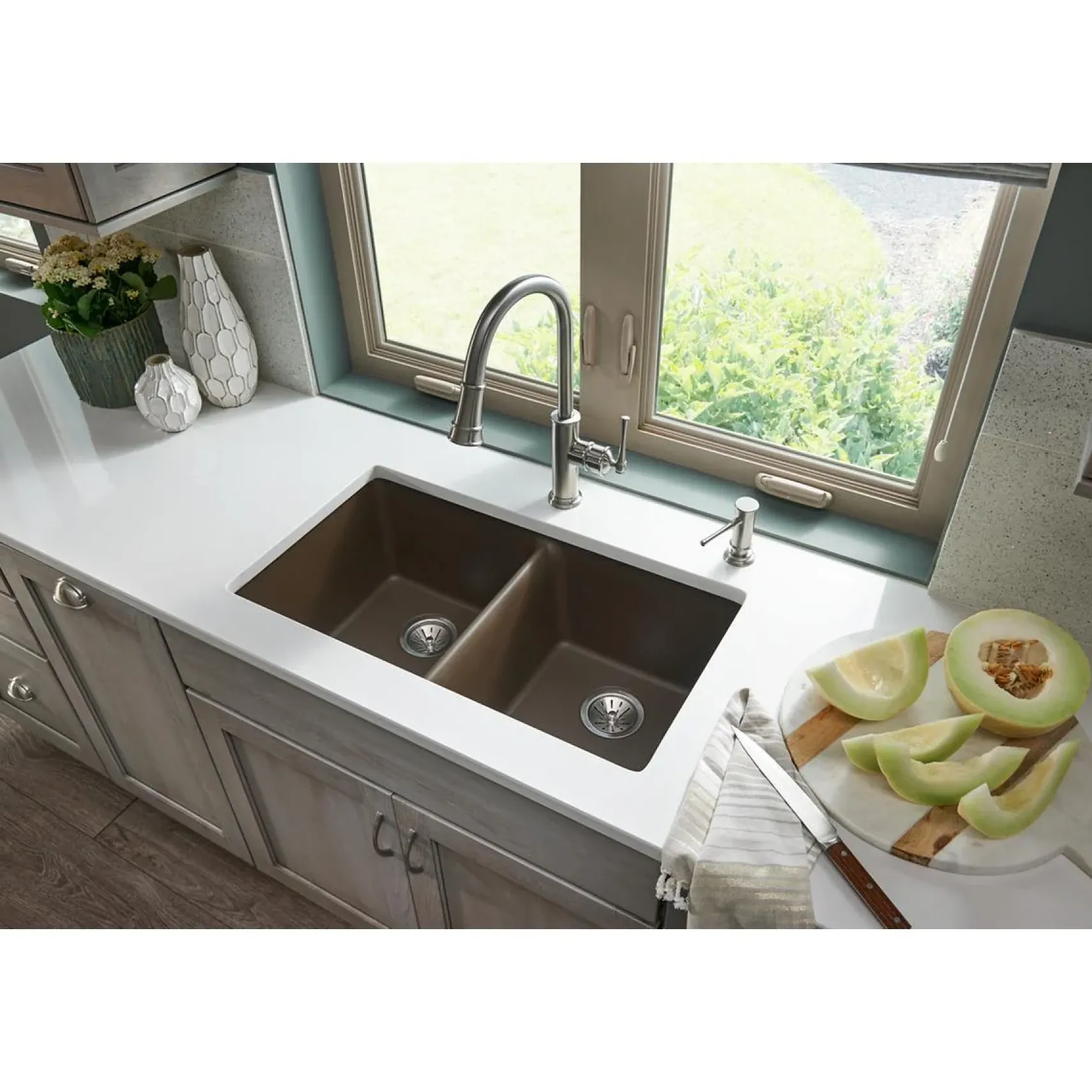Elkay Classic 33" Quartz Kitchen Sink, 50/50 Double Bowl, Mocha, ELGU3322MC0