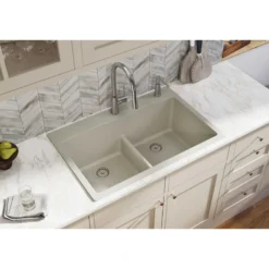 Elkay Classic 33" Quartz Kitchen Sink, 50/50 Double Bowl, Putty, ELGDLB3322PT0