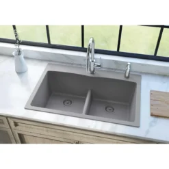 Elkay Classic 33" Quartz Kitchen Sink, 50/50 Double Bowl, Greystone, Pre-scored for up to 5 Faucet Hole, ELGDLB3322GS0