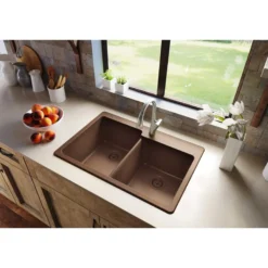 Elkay Classic 33" Quartz Kitchen Sink, 50/50 Double Bowl, Mocha, ELG250RMC0
