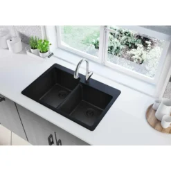 Elkay Classic 33" Quartz Kitchen Sink, 50/50 Double Bowl, Black, Pre-scored for up to 4 Faucet Hole, ELG250RBK0