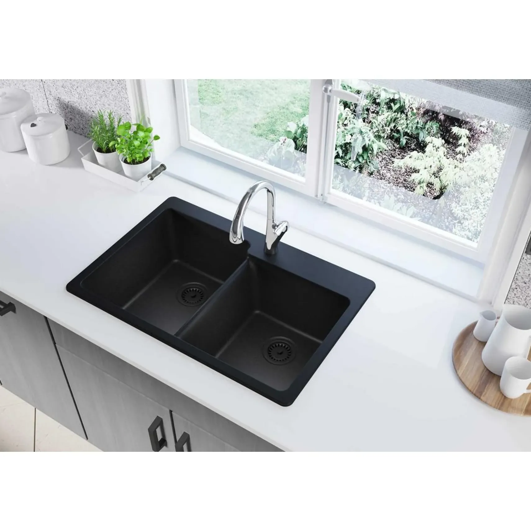 Elkay Classic 33" Quartz Kitchen Sink, 50/50 Double Bowl, Black, Pre-scored for up to 4 Faucet Hole, ELG250RBK0