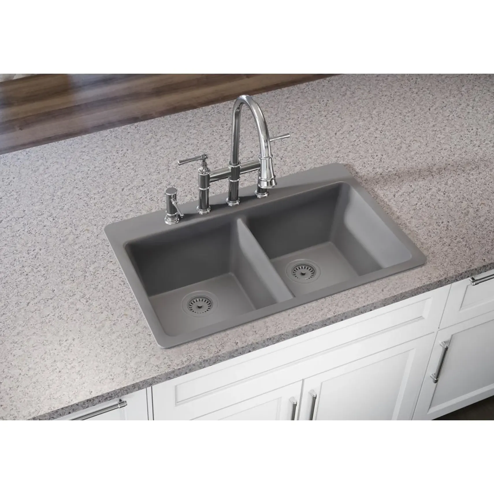 Elkay Classic 33" Quartz Kitchen Sink, 50/50 Double Bowl, Greystone, Pre-scored for up to 5 Faucet Hole, ELG3322GS0