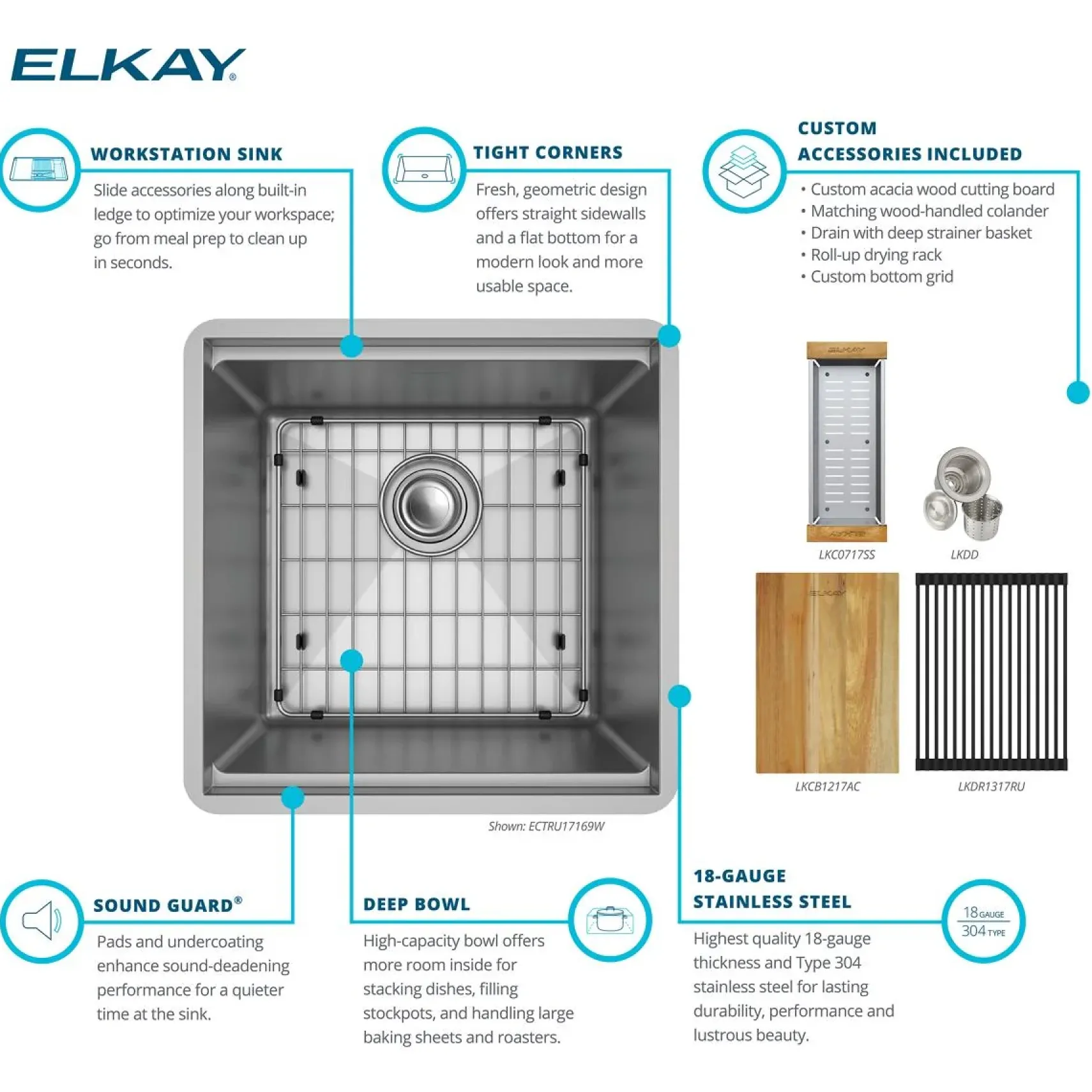 Elkay Crosstown 19" Rectangle Stainless Steel Workstation Bar/Prep Sink with Accessories, Polished Satin, 18 Gauge, ECTRU17169W