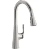 Elkay Harmony Forward Only Lever Handle Pull-down Spray Spout Brass ADA Kitchen Faucet, Lustrous Steel, LKHA1041LS