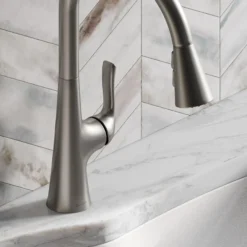 Elkay Harmony Forward Only Lever Handle Pull-down Spray Spout Brass ADA Kitchen Faucet, Lustrous Steel, LKHA1041LS