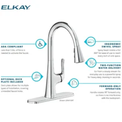 Elkay Harmony Forward Only Lever Handle Pull-down Spray Spout Brass ADA Kitchen Faucet, Lustrous Steel, LKHA1041LS