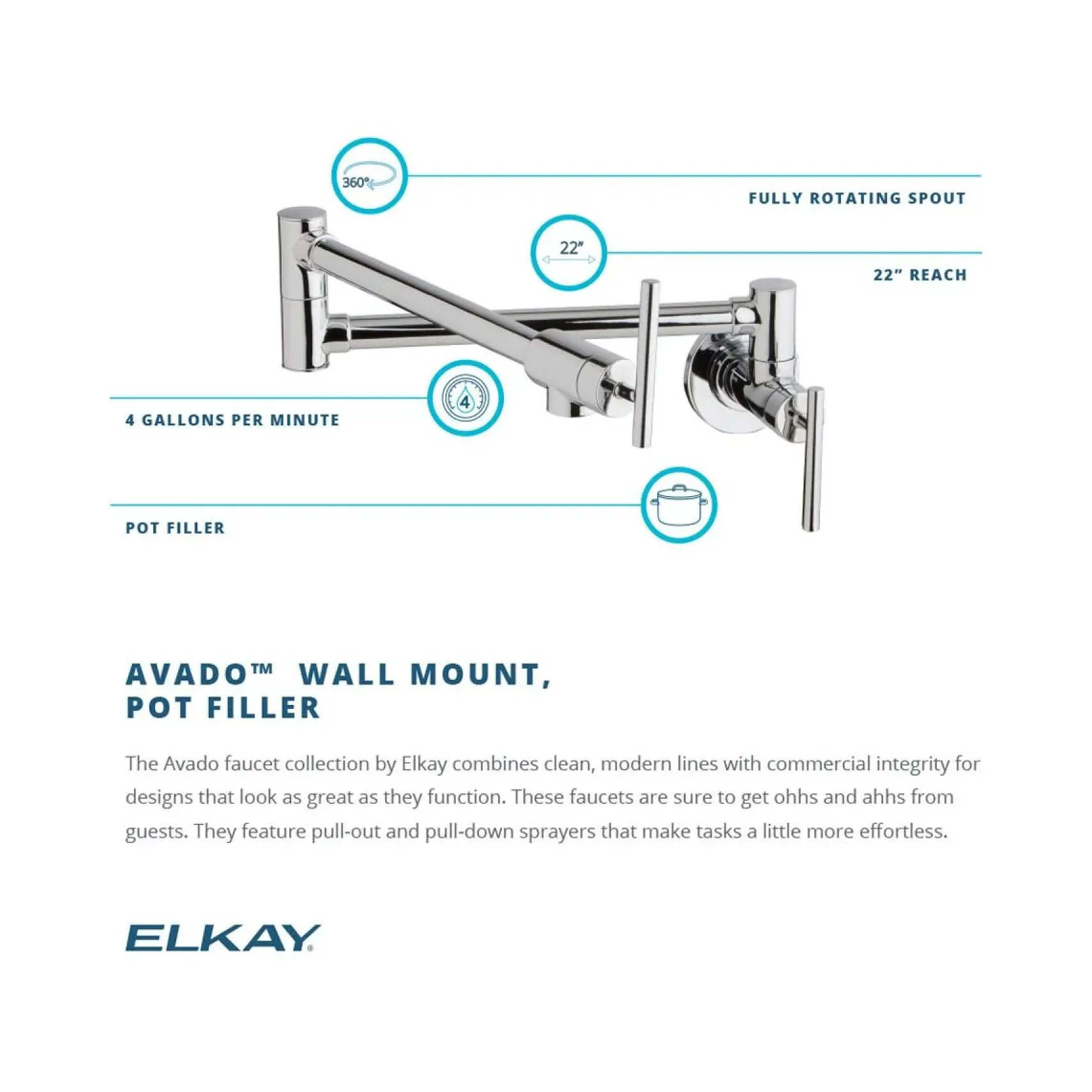 Elkay LKAV4091CR Avado Wall Mount Single Hole Pot Filler Kitchen Faucet with Lever Handles Chrome