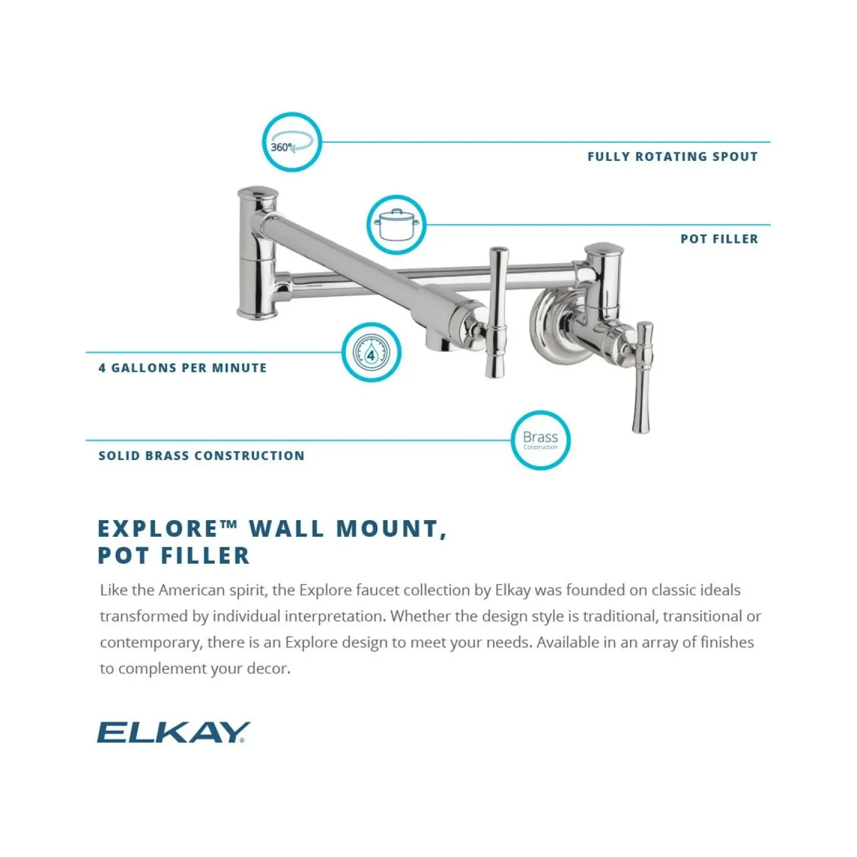 Elkay LKEC2091AS Explore Wall Mount Single Hole Pot Filler Kitchen Faucet with Lever Handles Antique Steel