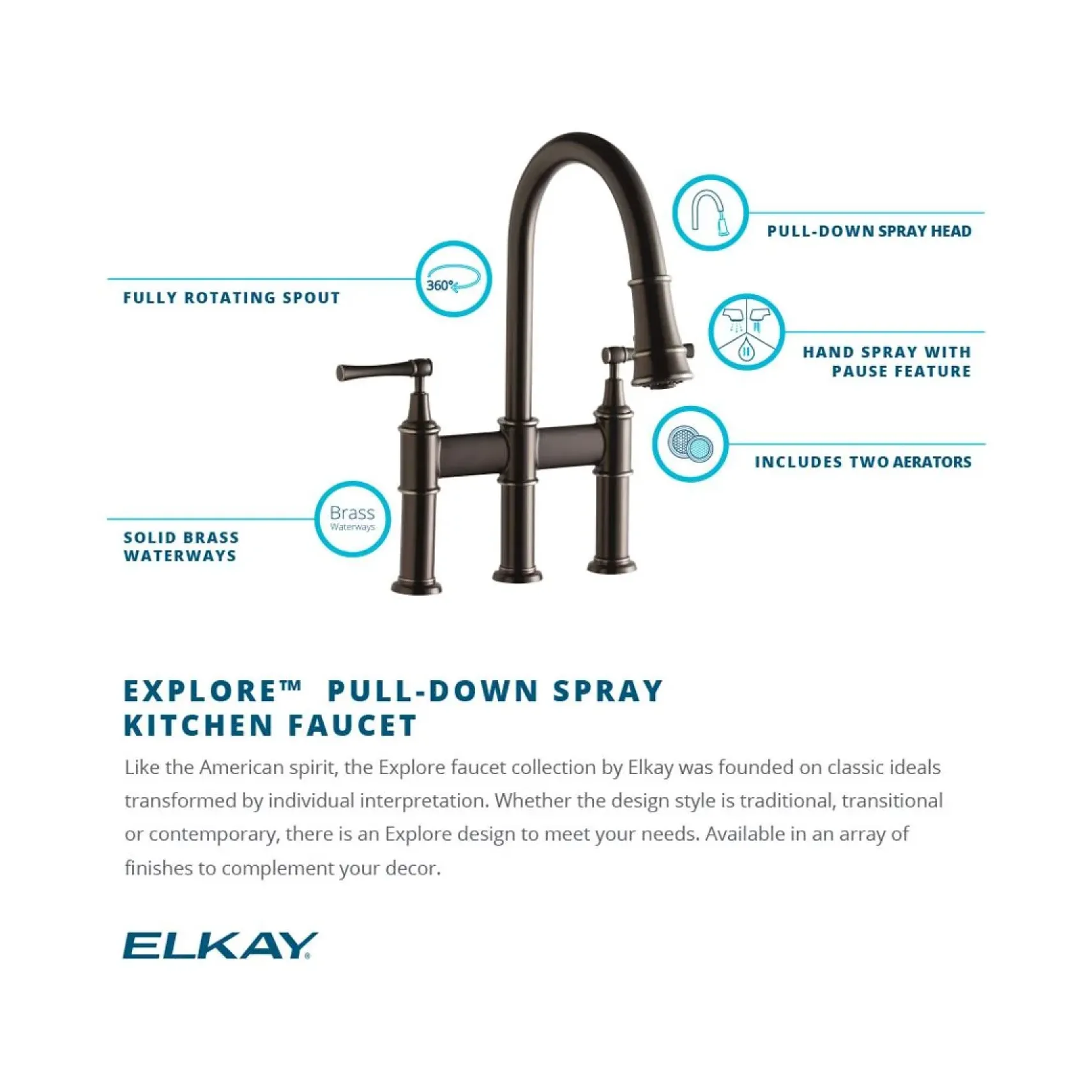 Elkay LKEC2037CR Explore Three Hole Bridge Faucet with Pull-down Spray and Lever Handles Chrome