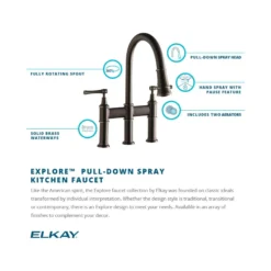 Elkay LKEC2037LS Explore Three Hole Bridge Faucet with Pull-down Spray and Lever Handles Lustrous Steel