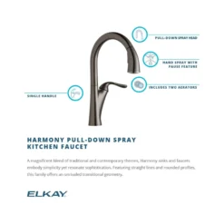 Elkay LKHA4031AS Harmony Single Hole Kitchen Faucet with Pull-down Spray and Forward Only Lever Handle Antique Steel