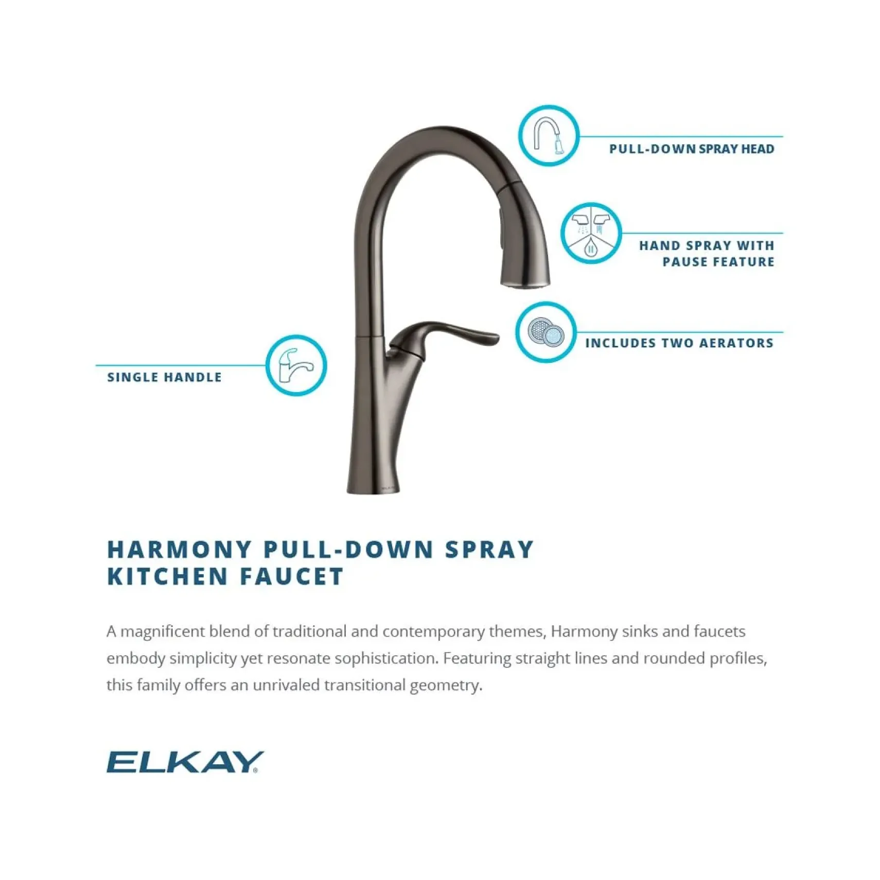 Elkay LKHA4031AS Harmony Single Hole Kitchen Faucet with Pull-down Spray and Forward Only Lever Handle Antique Steel