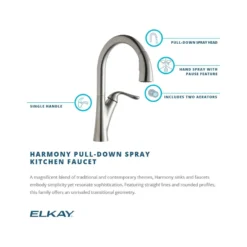 Elkay LKHA4031LS Harmony Single Hole Kitchen Faucet with Pull-down Spray and Forward Only Lever Handle Lustrous Steel