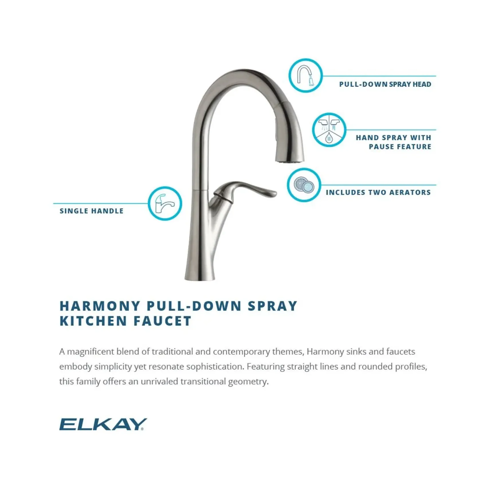 Elkay LKHA4031LS Harmony Single Hole Kitchen Faucet with Pull-down Spray and Forward Only Lever Handle Lustrous Steel