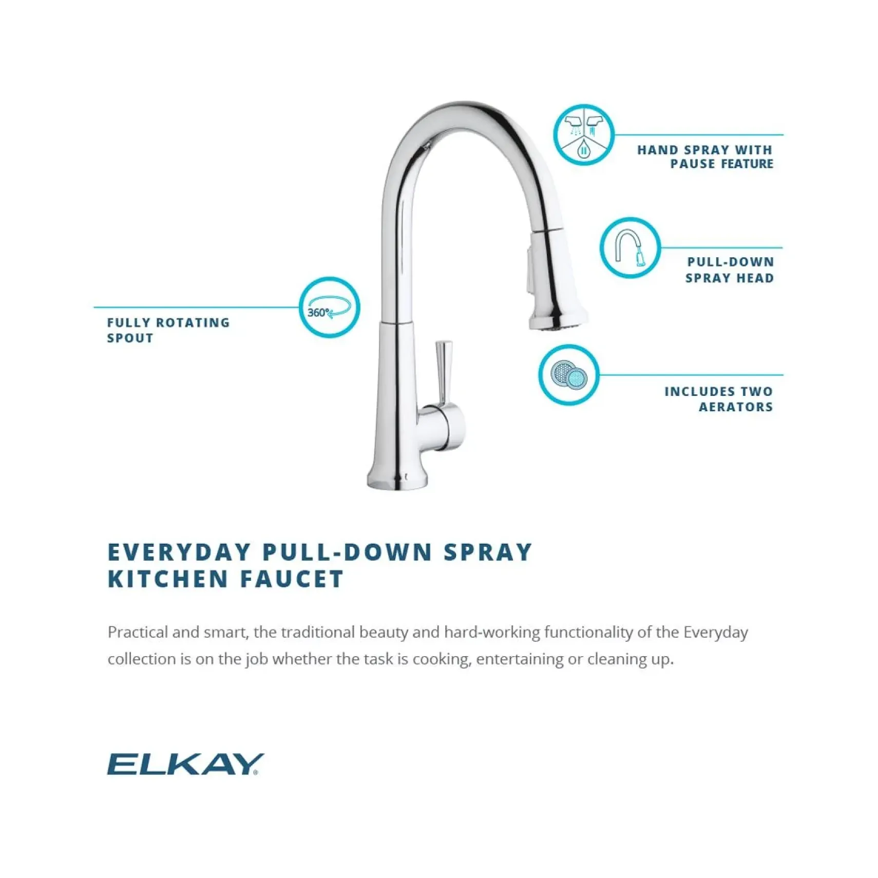 Elkay LK6000LS Everyday Single Hole Deck Mount Kitchen Faucet with Pull-down Spray Forward Only Lever Handle Lustrous Steel