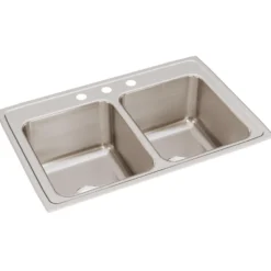 Elkay Lustertone 33" Stainless Steel Kitchen Sink, 50/50 Double Bowl, 18 Gauge, Lustrous Satin, 3 Faucet Hole, DLR3322123