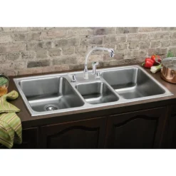 Elkay Lustertone Classic 43" Drop In/Topmount Stainless Steel Kitchen Sink, 40/20/40 Triple Bowl, Lustrous Satin, No Faucet Hole, LCR43220