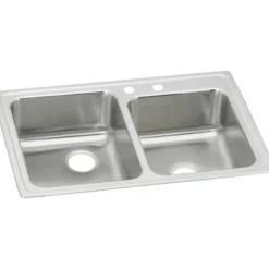 Elkay Lustertone Classic 33" Drop In/Topmount Stainless Steel Kitchen Sink, 60/40 Double Bowl, Lustrous Satin, 2 Faucet Holes, LR2502