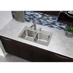 Elkay Lustertone Classic 29" Drop In/Topmount Stainless Steel Kitchen Sink, 50/50 Double Bowl, Lustrous Satin, 5 Faucet Holes, DLR2918105