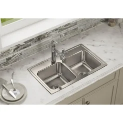 Elkay Lustertone Classic 29" Drop In/Topmount Stainless Steel Kitchen Sink, 50/50 Double Bowl, Lustrous Satin, 1 Faucet Hole, LR29181