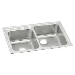 Elkay Lustertone Classic 33" Drop In/Topmount Stainless Steel Kitchen Sink, Double Bowl, Lustrous Satin, 4 Faucet Holes, LR250L4
