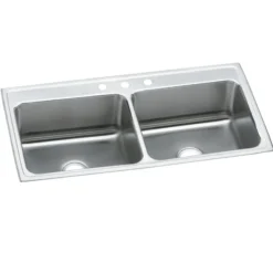 Elkay Lustertone Classic 43" Drop In/Topmount Stainless Steel Kitchen Sink, 50/50 Double Bowl, Lustrous Satin, 5 Faucet Holes, DLR4322105